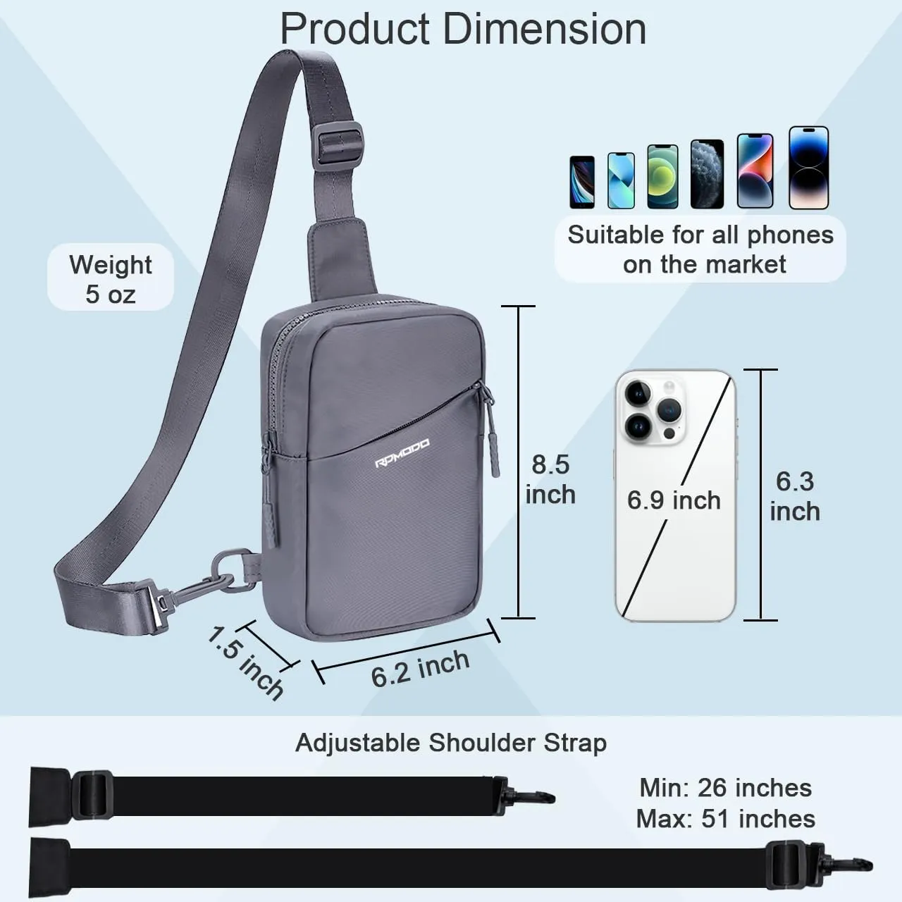 Sling Bag for Men, Small Crossbody Bags for Women, Water Resistance Chest Bag with Adjustable Extended Strap 3 Pockets, Mini Shoulder Bag Casual Daypack for Card Keys Walking Jogging (Grey)