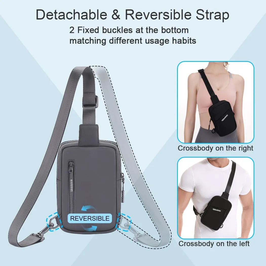 Sling Bag for Men, Small Crossbody Bags for Women, Water Resistance Chest Bag with Adjustable Extended Strap 3 Pockets, Mini Shoulder Bag Casual Daypack for Card Keys Walking Jogging (Grey)