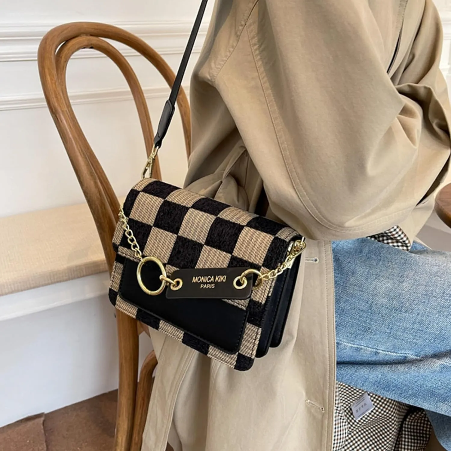 Small Crossbody Bag for Women, Checkerboard Shoulder Bag, Vintage Chain Satchel, Retro Hobo Purse