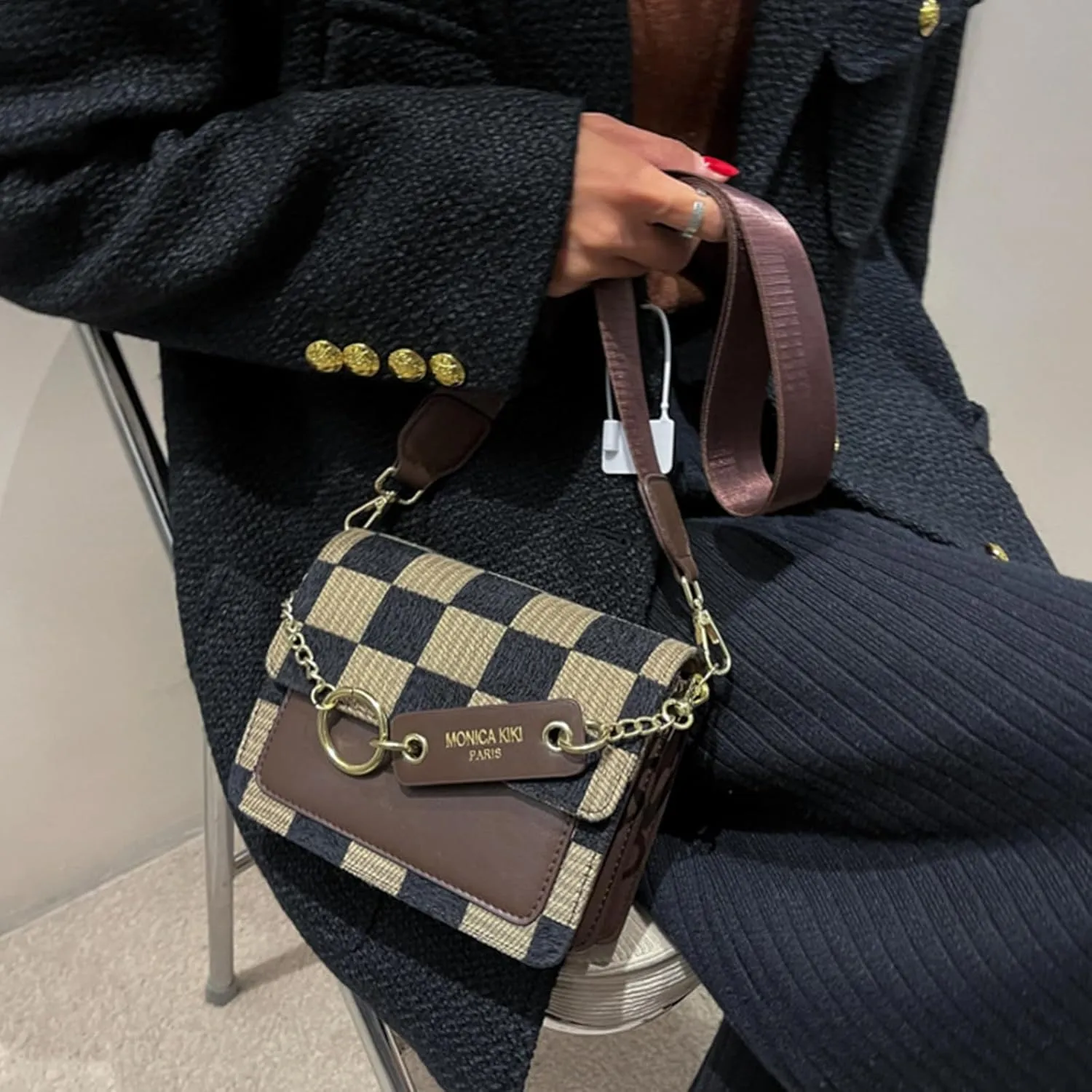 Small Crossbody Bag for Women, Checkerboard Shoulder Bag, Vintage Chain Satchel, Retro Hobo Purse