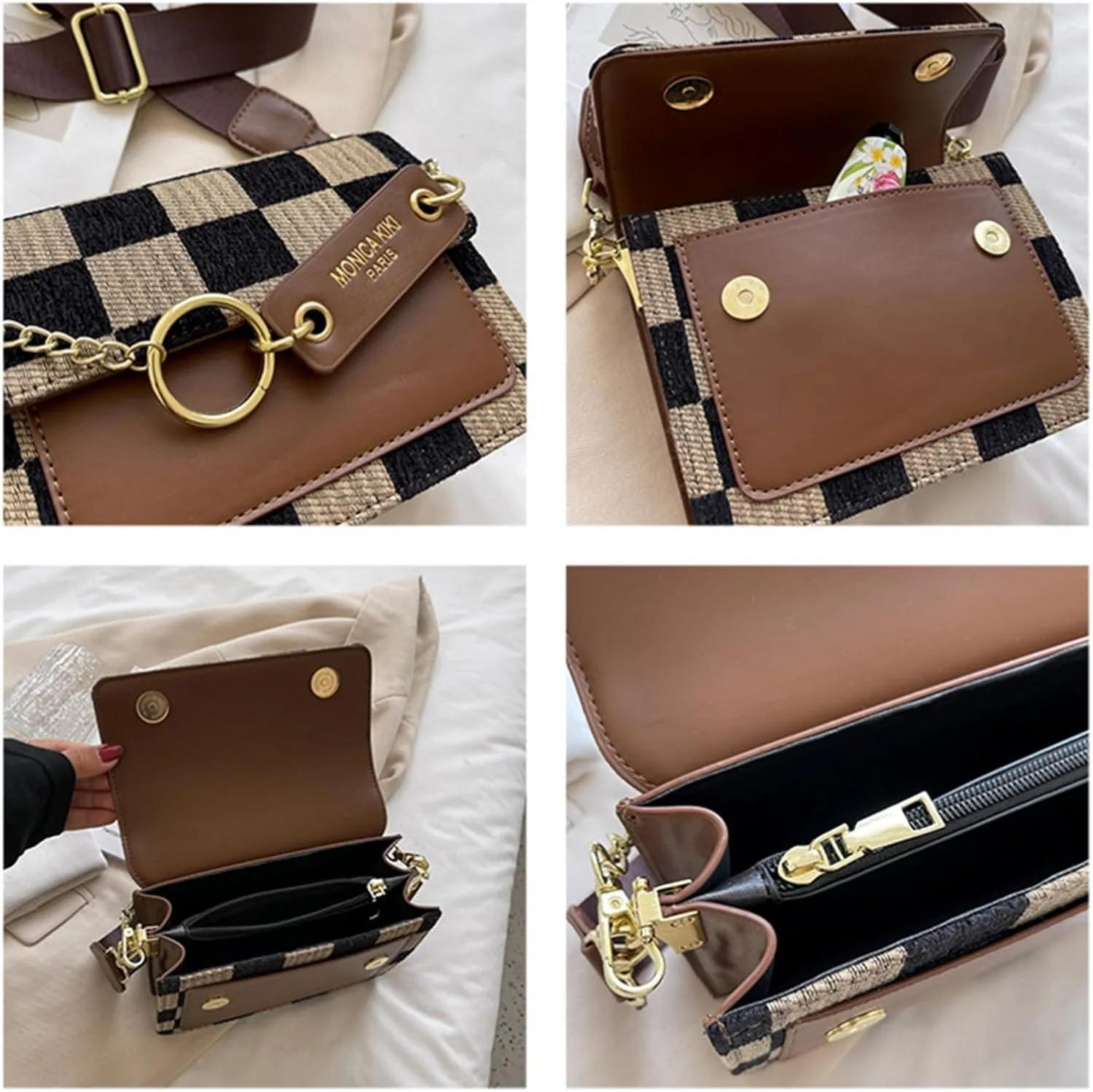 Small Crossbody Bag for Women, Checkerboard Shoulder Bag, Vintage Chain Satchel, Retro Hobo Purse