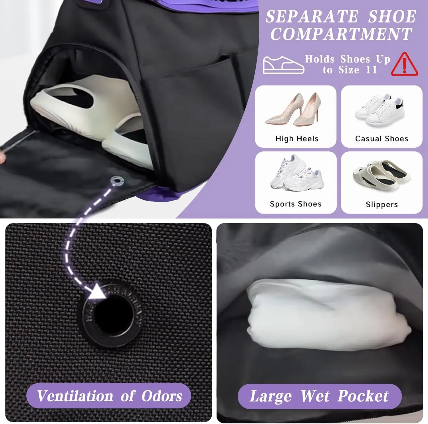 Small Gym Bag with Shoe Compartment for Men & Women, Weekend Travel Overnight Bags, Personal Item Duffle Carry On Bag with Wet Pocket(Black Violet)