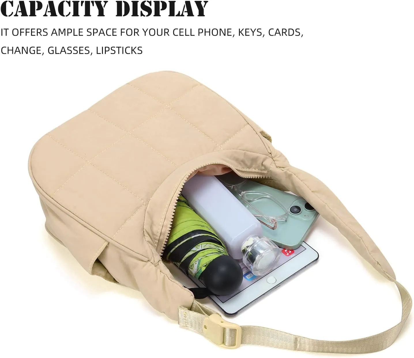 Small Puffer Crescent Underarm Shoulder Bag for Women, Nylon Quilted Purses Handbags with Adjustable Strap