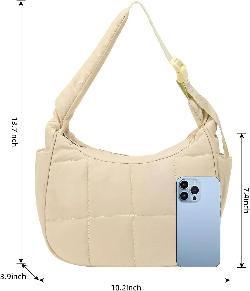 Small Puffer Crescent Underarm Shoulder Bag for Women, Nylon Quilted Purses Handbags with Adjustable Strap