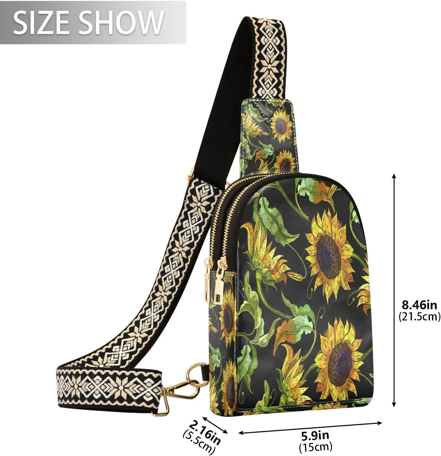 Small Sling Bag for Women Crossbody Embroidery Sunflower Fashion Leather Crossbody Bag for Women Retro Trendy Crossbody Purse Fanny Pack with Adjustable Guitar Strap Outfit