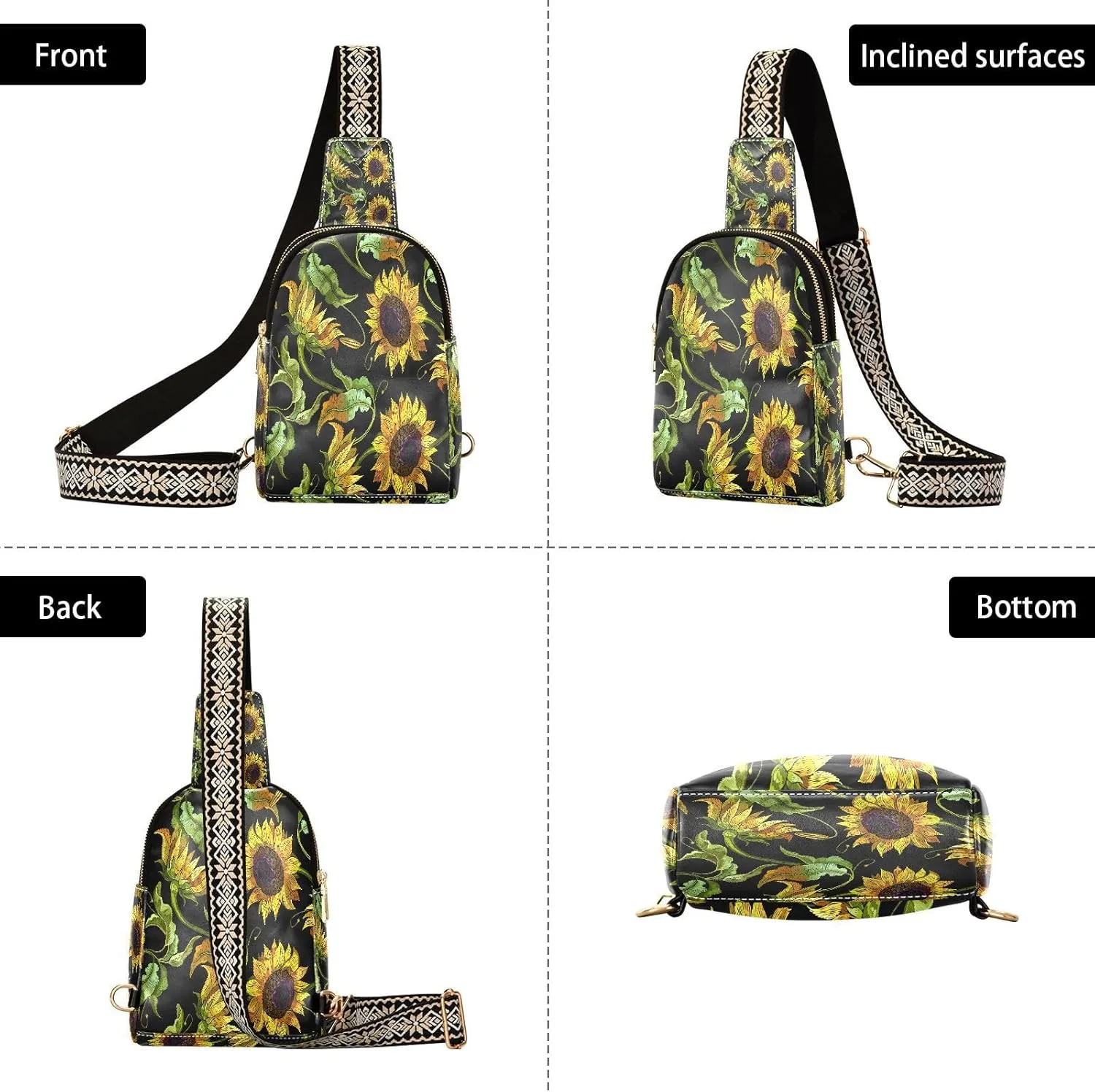 Small Sling Bag for Women Crossbody Embroidery Sunflower Fashion Leather Crossbody Bag for Women Retro Trendy Crossbody Purse Fanny Pack with Adjustable Guitar Strap Outfit