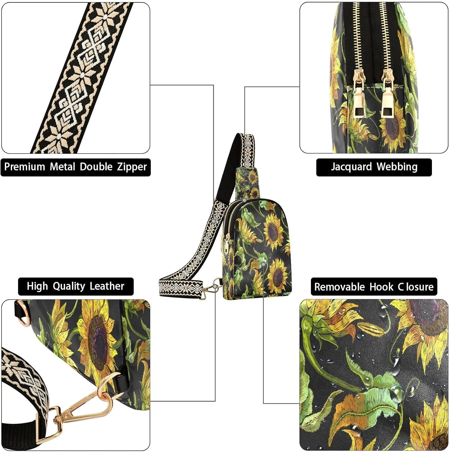 Small Sling Bag for Women Crossbody Embroidery Sunflower Fashion Leather Crossbody Bag for Women Retro Trendy Crossbody Purse Fanny Pack with Adjustable Guitar Strap Outfit