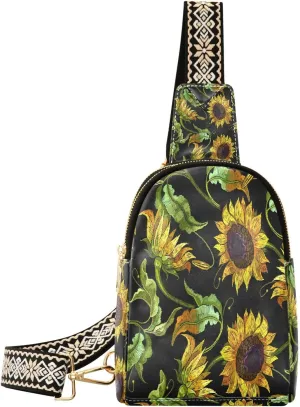 Small Sling Bag for Women Crossbody Embroidery Sunflower Fashion Leather Crossbody Bag for Women Retro Trendy Crossbody Purse Fanny Pack with Adjustable Guitar Strap Outfit