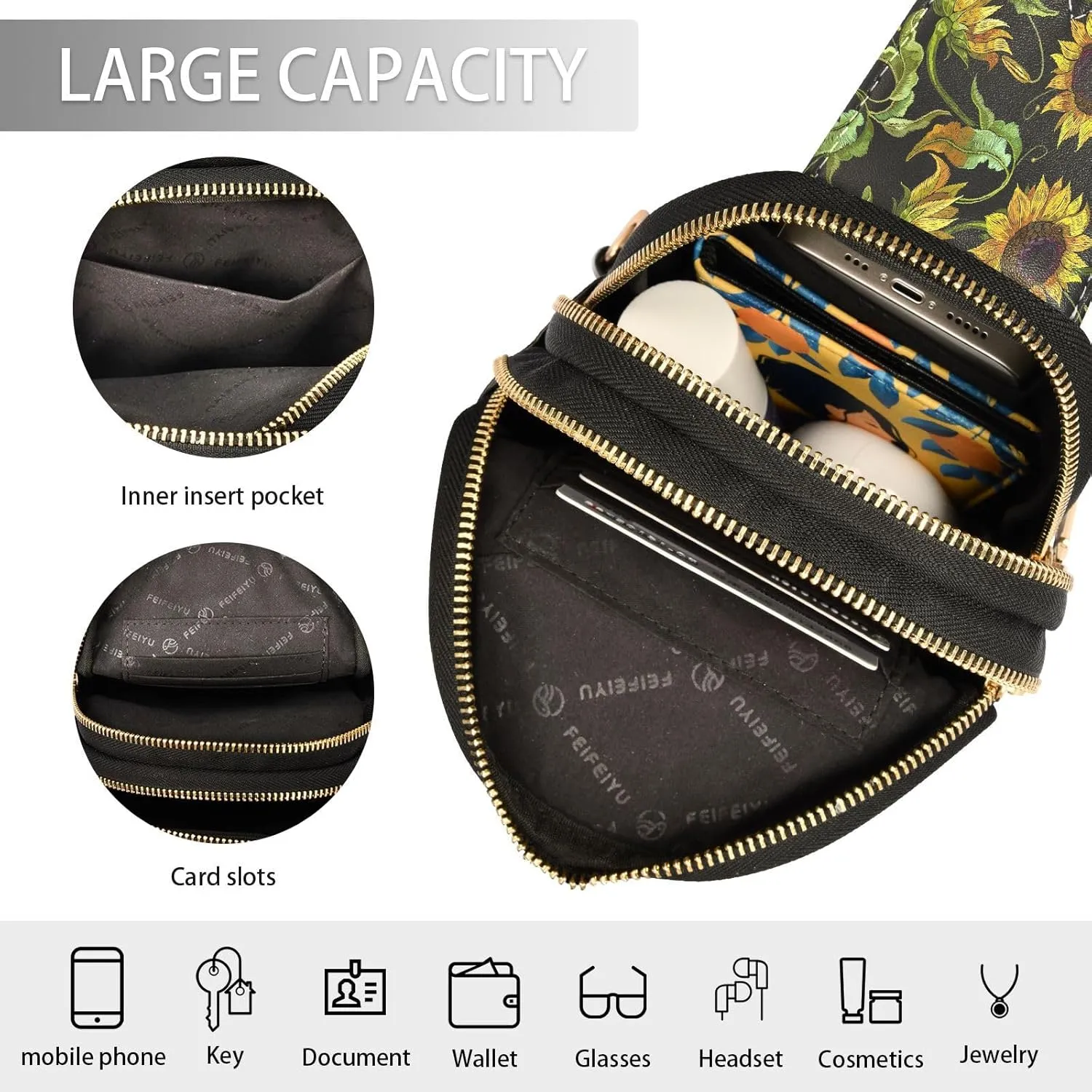 Small Sling Bag for Women Crossbody Embroidery Sunflower Fashion Leather Crossbody Bag for Women Retro Trendy Crossbody Purse Fanny Pack with Adjustable Guitar Strap Outfit