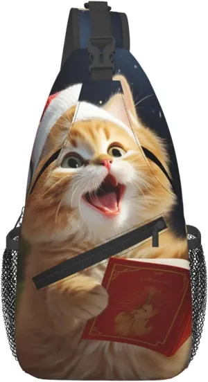 Small Sling Bag for Women Men Cute Cat Sing Christmas Carols Crossbody Bag Casual Hiking Chest Bags Fashion Fanny Pack