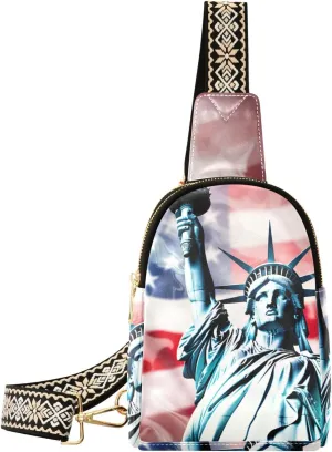 Small Sling Bag for Women,American Flag Statue Of Liberty PU Leather Crossbody Bags Chest Bag,Fashion Waist Packs with Adjustable Strap Hiking Traveling,A111538