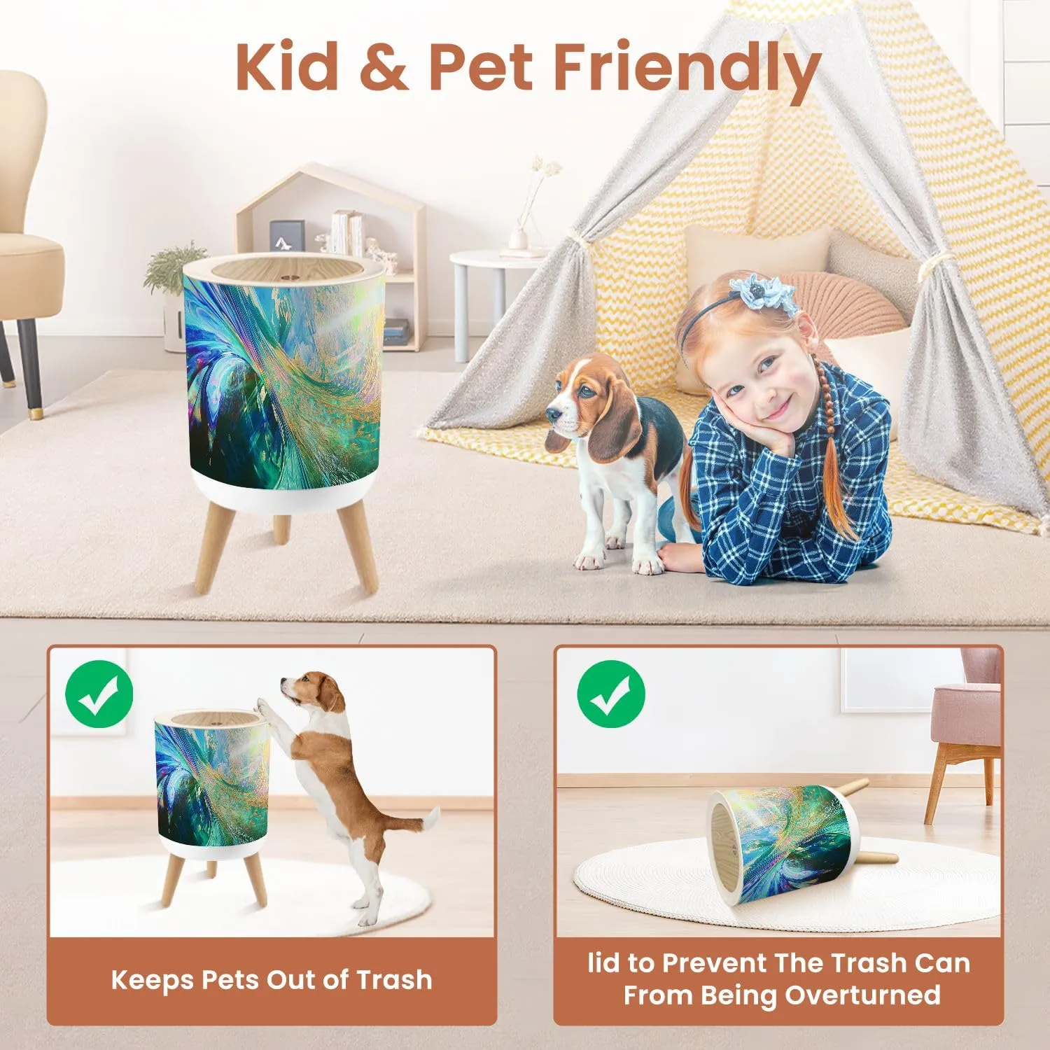 Small Trash Can with Lid Ethereal Light Art Mystic Emerald Canvas 1.8 Gallon Dog Proof Trash Can Round Garbage Can Waste Bin Wastebasket for Bathroom Bedroom Living Room