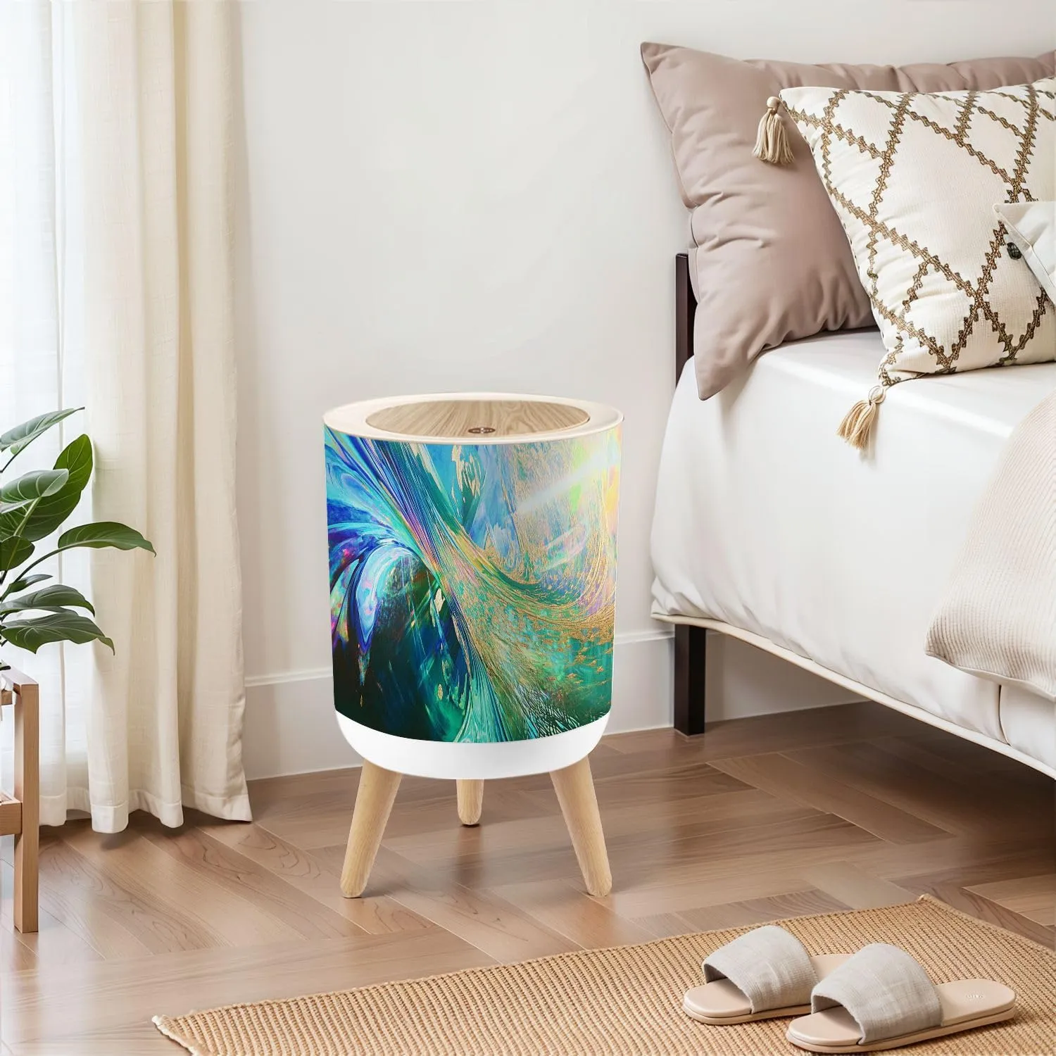 Small Trash Can with Lid Ethereal Light Art Mystic Emerald Canvas 1.8 Gallon Dog Proof Trash Can Round Garbage Can Waste Bin Wastebasket for Bathroom Bedroom Living Room