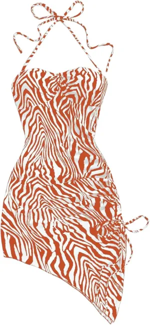 SOLY HUX Women's Zebra Striped Halter Mini Dress Sleeveless Drawstring Split Asymmetrical Hem Bodycon Dresses