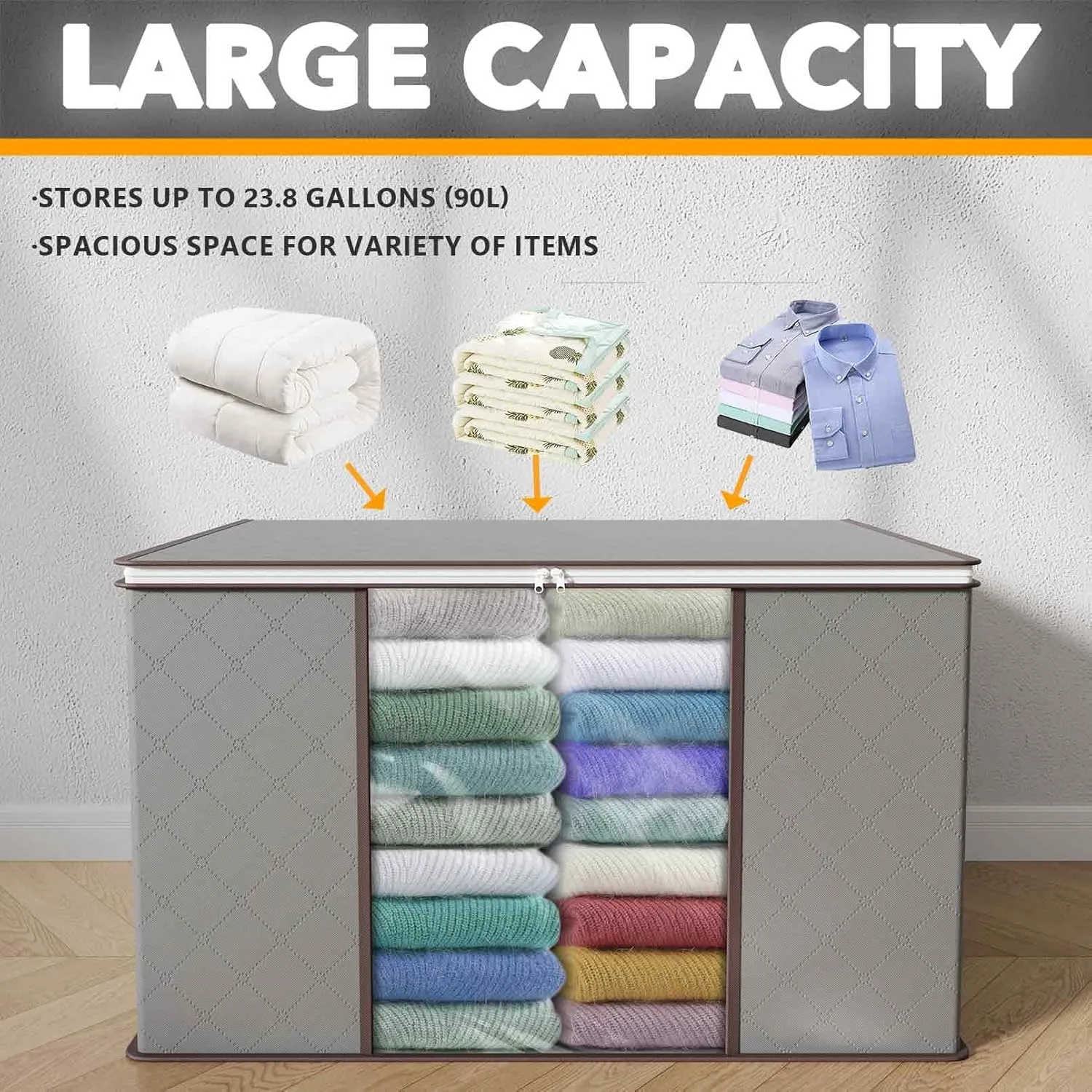 SpaceAid 6 Pack 90L Clothing Storage Bags, Heavy Duty Closet Storage Bins, Extra Large Moving bags, Storage Containers for Clothes, Blankets, Comforters, and Pillows - Gray