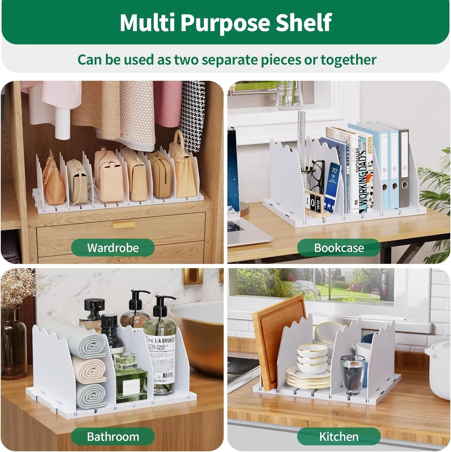 SPACEKEEPER Shelf Divider for Closet, 2 Pack Adjustable Purse Organizers Handbag Separators Storage Organizer Bookshelf Separator Dividers in Bedroom Office Kitchen Bathroom, White