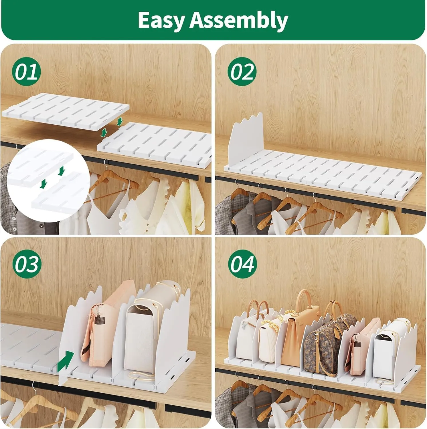 SPACEKEEPER Shelf Divider for Closet, 2 Pack Adjustable Purse Organizers Handbag Separators Storage Organizer Bookshelf Separator Dividers in Bedroom Office Kitchen Bathroom, White