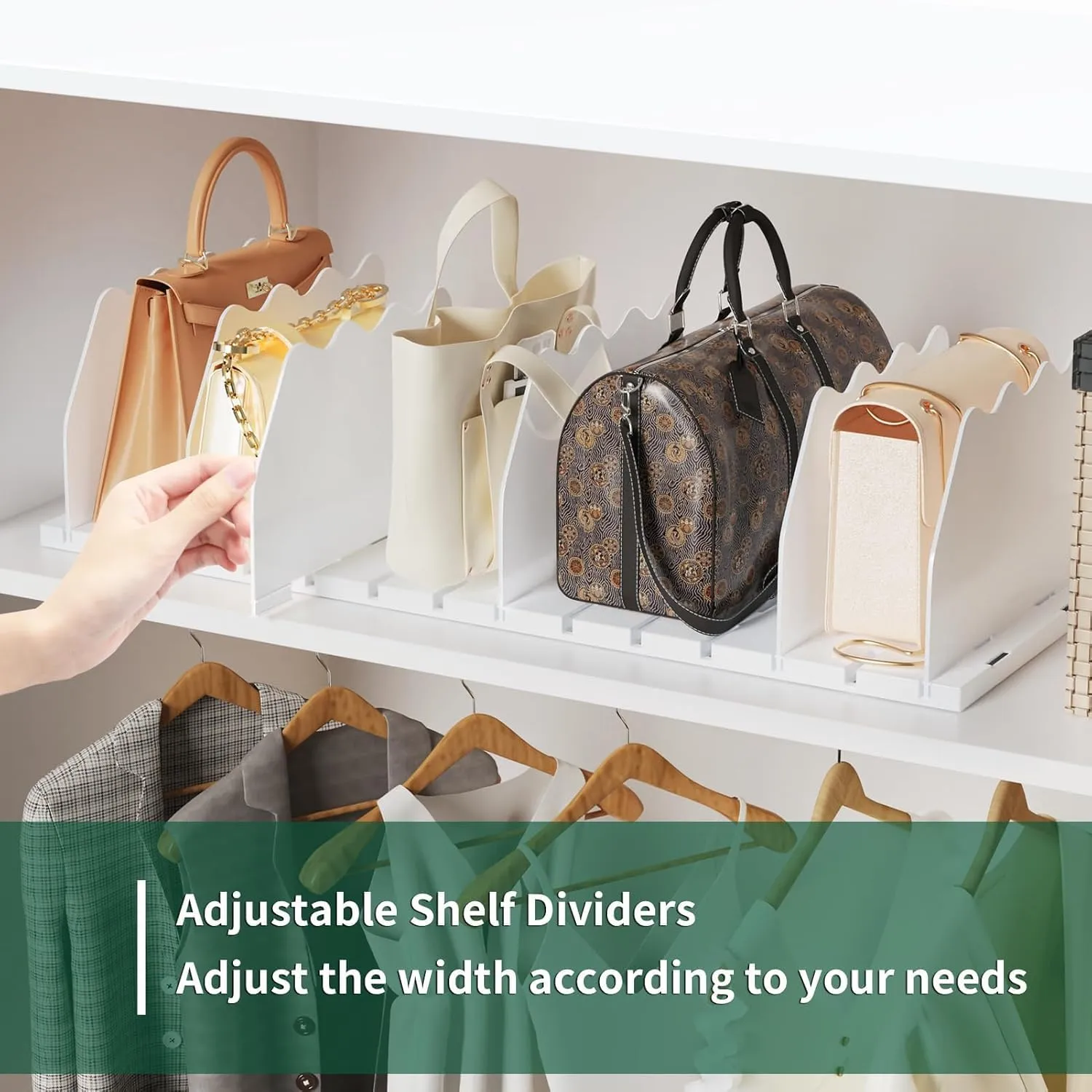 SPACEKEEPER Shelf Divider for Closet, 2 Pack Adjustable Purse Organizers Handbag Separators Storage Organizer Bookshelf Separator Dividers in Bedroom Office Kitchen Bathroom, White
