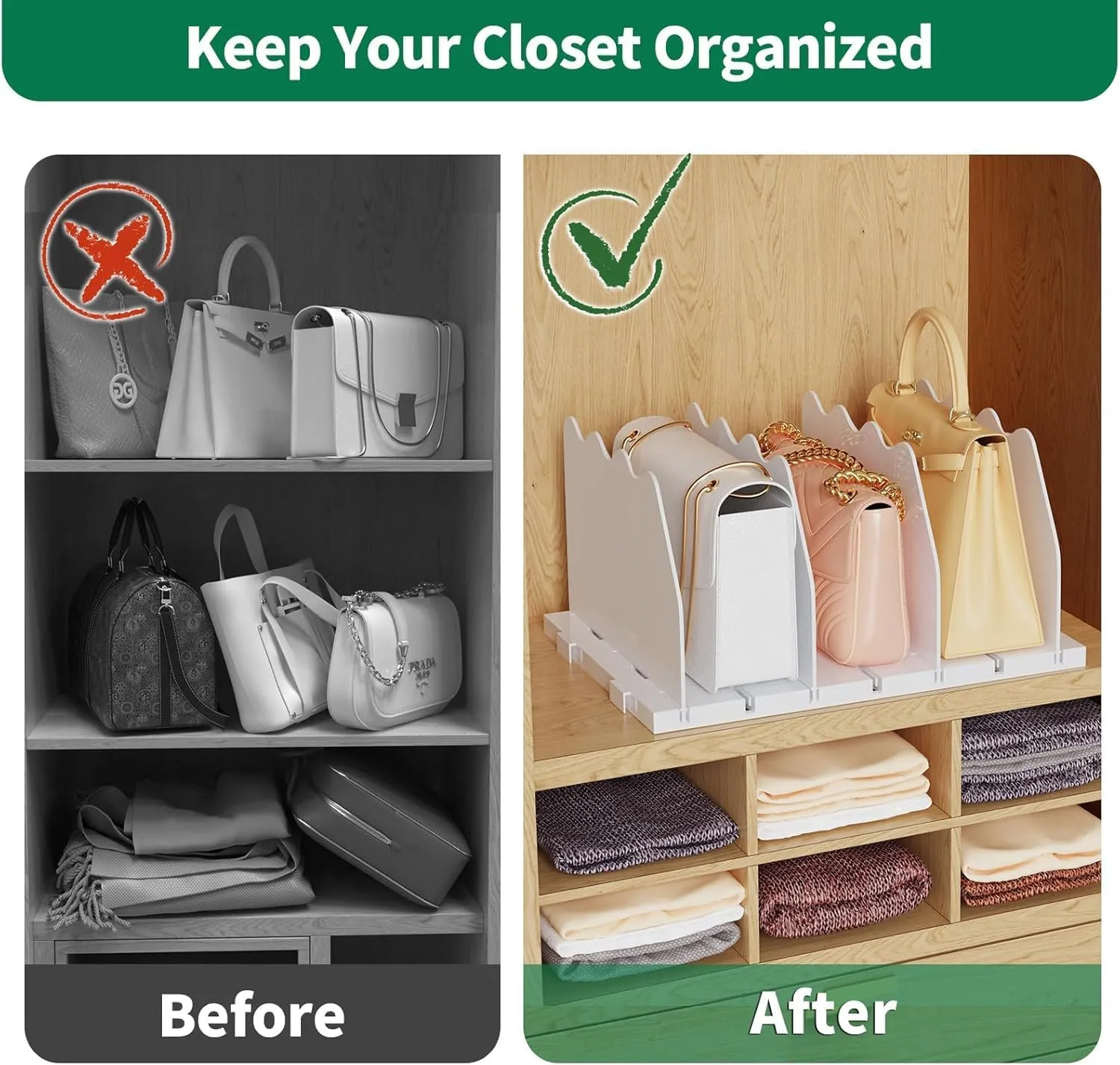 SPACEKEEPER Shelf Divider for Closet, 2 Pack Adjustable Purse Organizers Handbag Separators Storage Organizer Bookshelf Separator Dividers in Bedroom Office Kitchen Bathroom, White