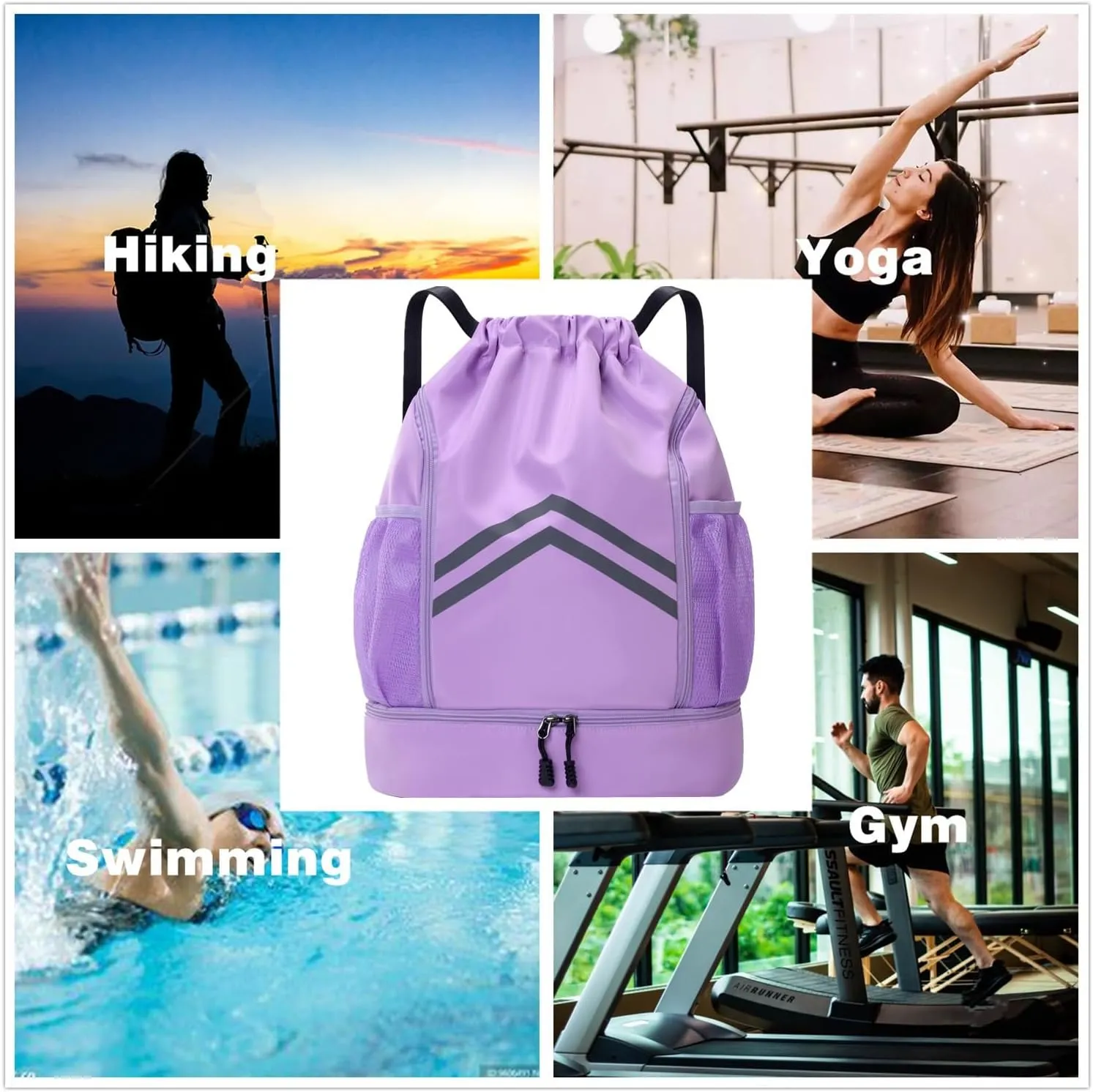 Sports Drawstring Backpack Bag - Waterproof Gym Drawstring Bags with Shoes Compartment and Water Bottle Pockets - Cinch String Backpack - Swim Drawstring Beach Bags for Women & Men, Purple