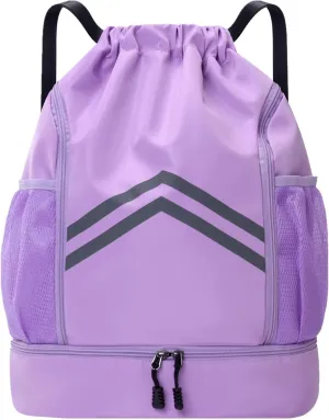 Sports Drawstring Backpack Bag - Waterproof Gym Drawstring Bags with Shoes Compartment and Water Bottle Pockets - Cinch String Backpack - Swim Drawstring Beach Bags for Women & Men, Purple