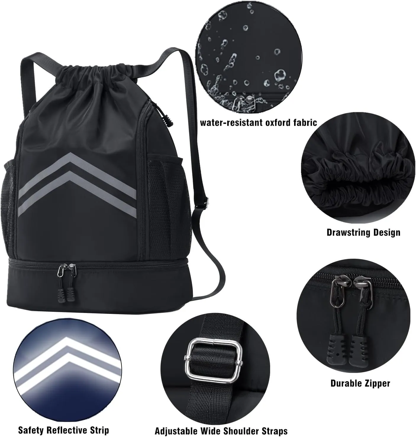 Sports Drawstring Backpack Bag - Waterproof Gym Drawstring Bags with Shoes Compartment and Water Bottle Pockets - Cinch String Backpack - Swim Drawstring Beach Bags for Women & Men, Purple