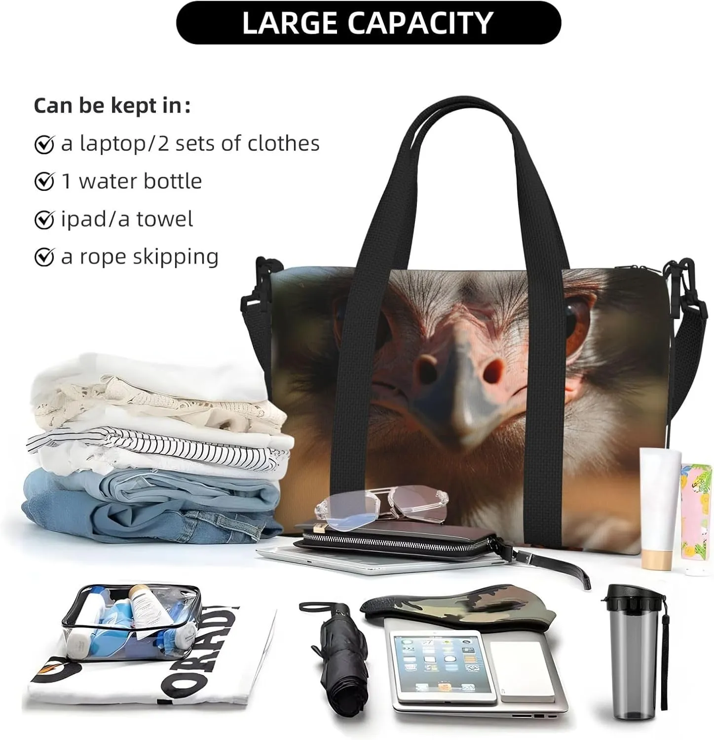 Sports Gym Bag for Women Men Travel Duffel Bag Tote Weekender Bag Carry on Overnight Bag for Travel Swimming Fitness Workout Sports Cute Ostrich Duffle Bag