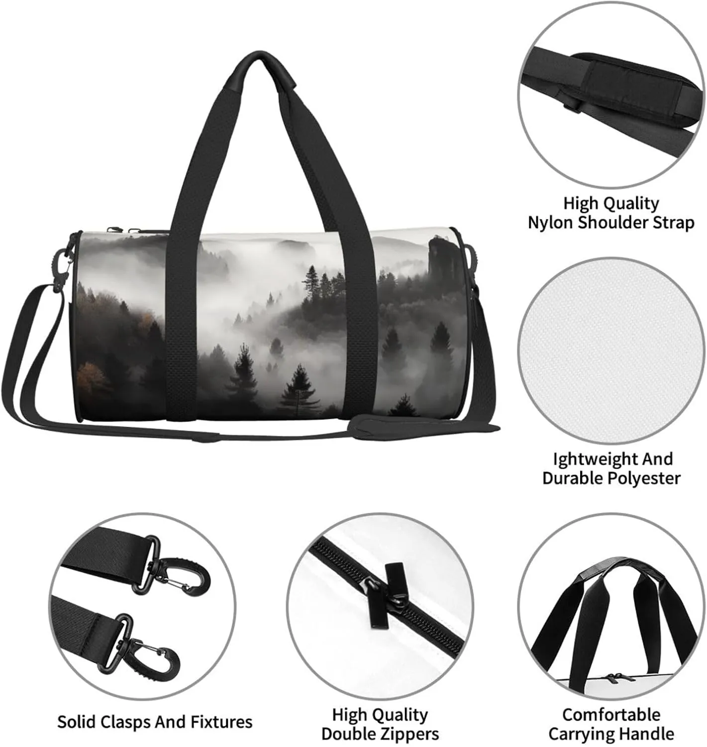 Sports Gym Bag for Women Men Travel Duffel Bag Tote Weekender Bag Carry on Overnight Bag for Travel Swimming Fitness Workout Sports Foggy Mountains Forest Duffle Bag
