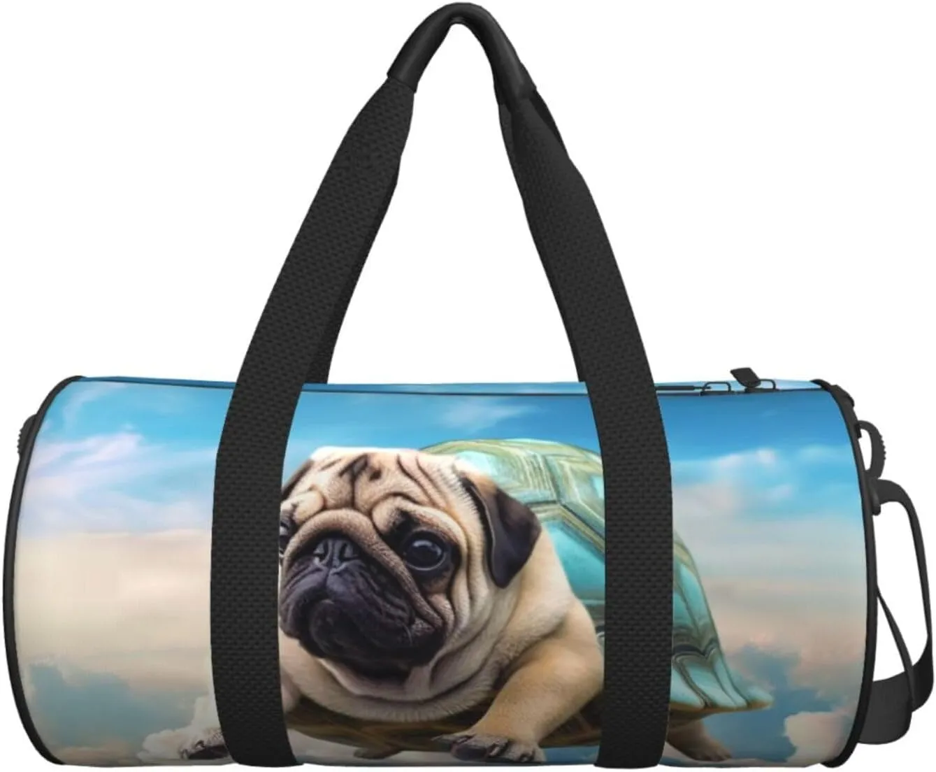 Sports Gym Bag for Women Men Travel Duffel Bag Tote Weekender Bag Carry on Overnight Bag for Travel Swimming Fitness Workout Sports Funny Turtle Pug Dog in The Sky Duffle Bag