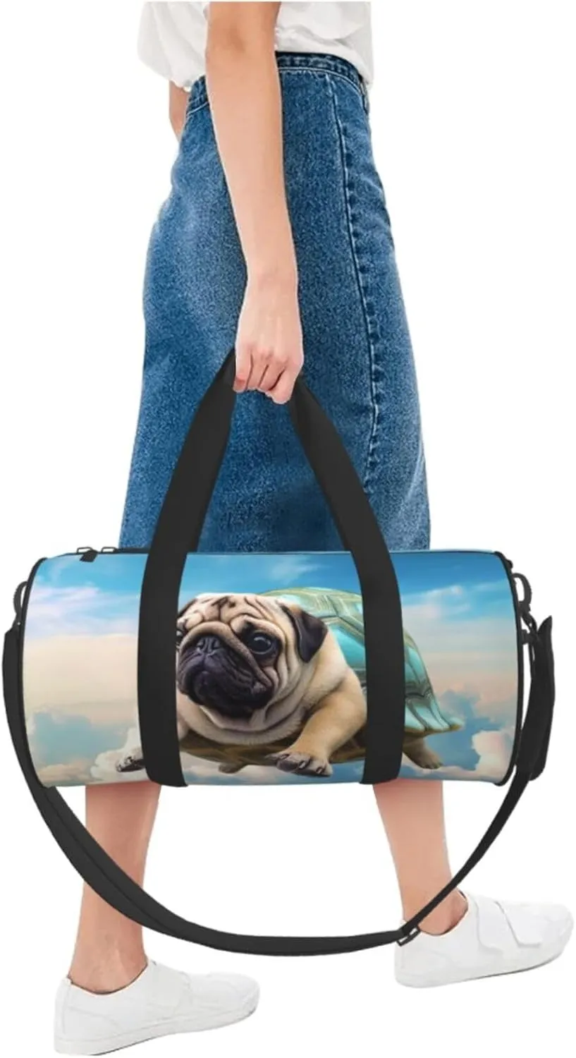 Sports Gym Bag for Women Men Travel Duffel Bag Tote Weekender Bag Carry on Overnight Bag for Travel Swimming Fitness Workout Sports Funny Turtle Pug Dog in The Sky Duffle Bag
