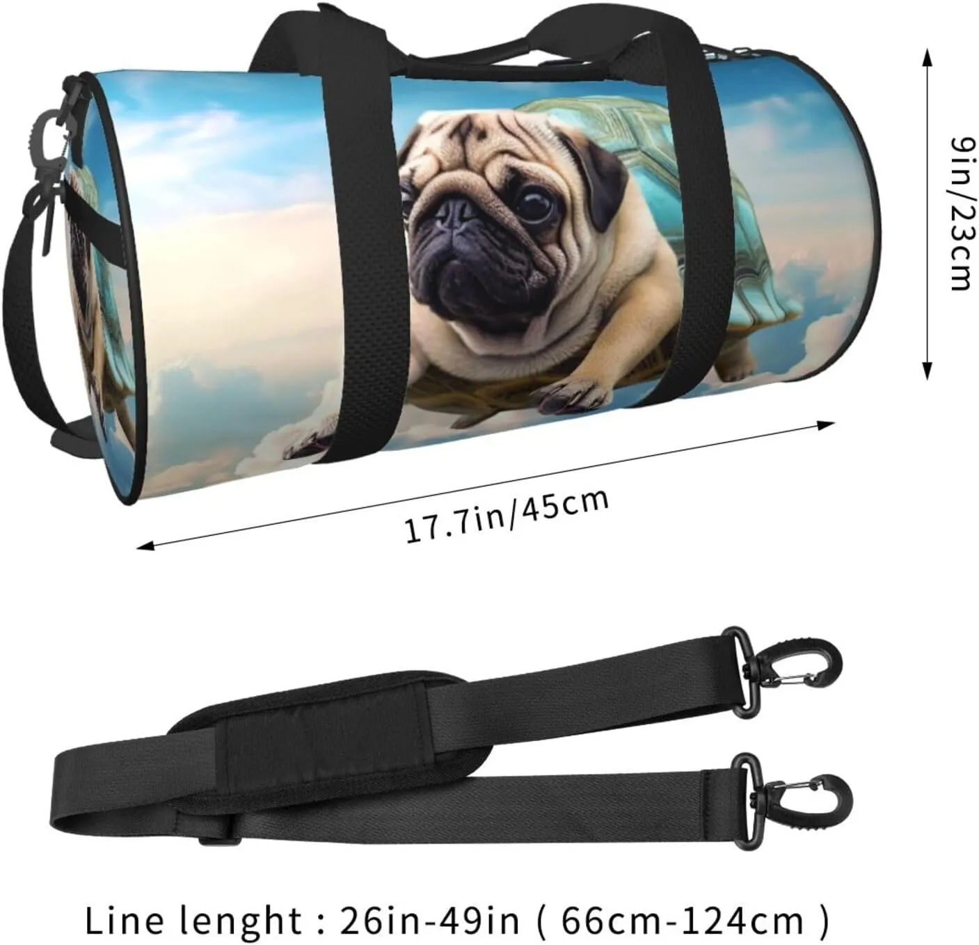 Sports Gym Bag for Women Men Travel Duffel Bag Tote Weekender Bag Carry on Overnight Bag for Travel Swimming Fitness Workout Sports Funny Turtle Pug Dog in The Sky Duffle Bag