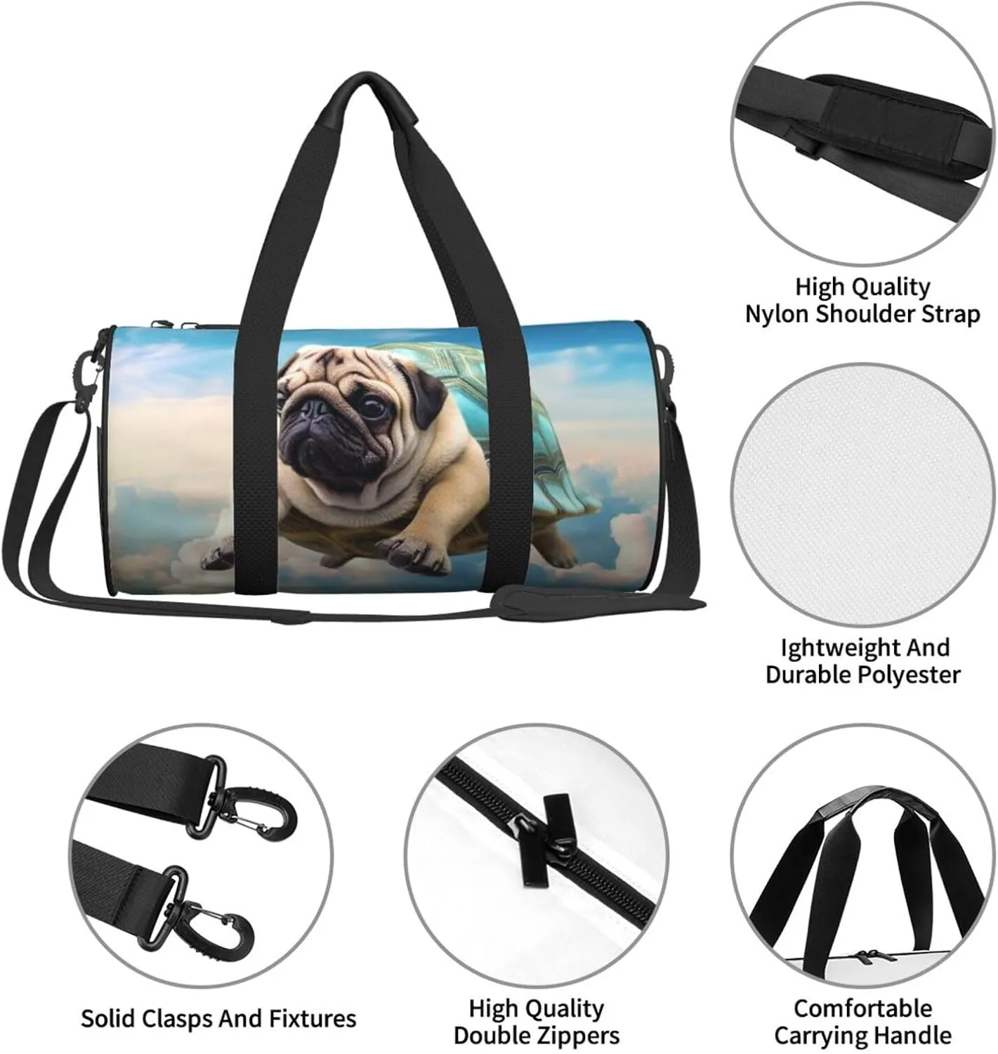 Sports Gym Bag for Women Men Travel Duffel Bag Tote Weekender Bag Carry on Overnight Bag for Travel Swimming Fitness Workout Sports Funny Turtle Pug Dog in The Sky Duffle Bag
