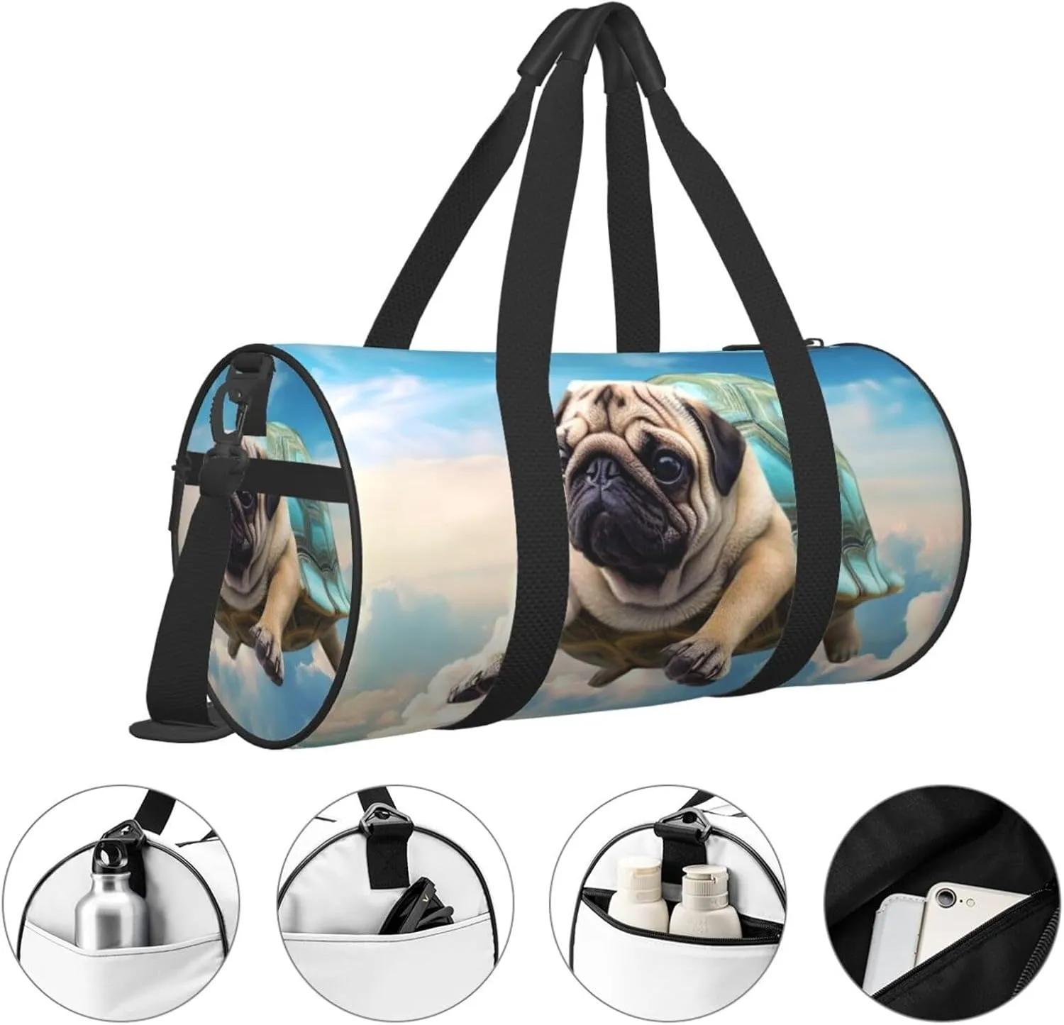 Sports Gym Bag for Women Men Travel Duffel Bag Tote Weekender Bag Carry on Overnight Bag for Travel Swimming Fitness Workout Sports Funny Turtle Pug Dog in The Sky Duffle Bag