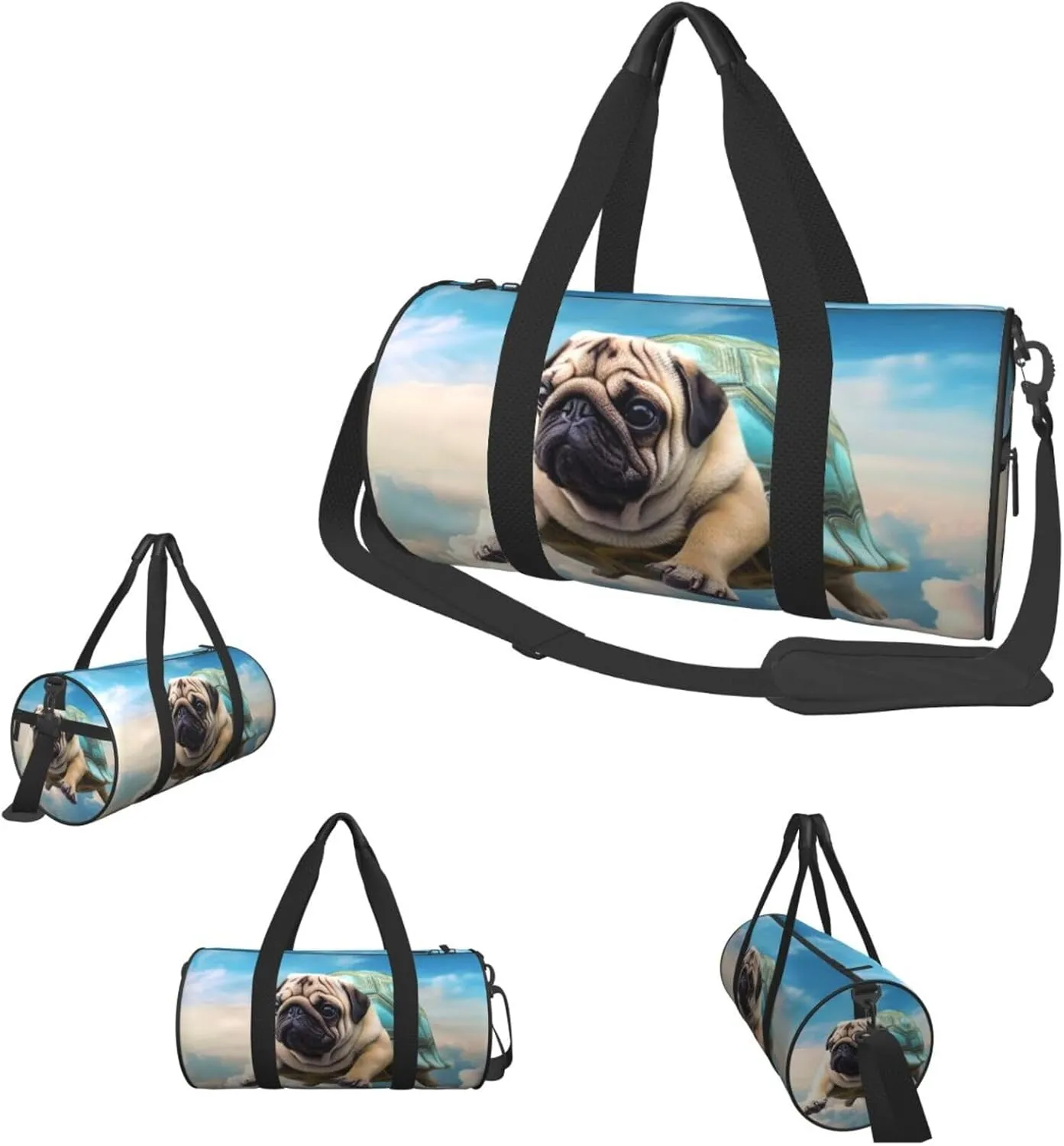 Sports Gym Bag for Women Men Travel Duffel Bag Tote Weekender Bag Carry on Overnight Bag for Travel Swimming Fitness Workout Sports Funny Turtle Pug Dog in The Sky Duffle Bag