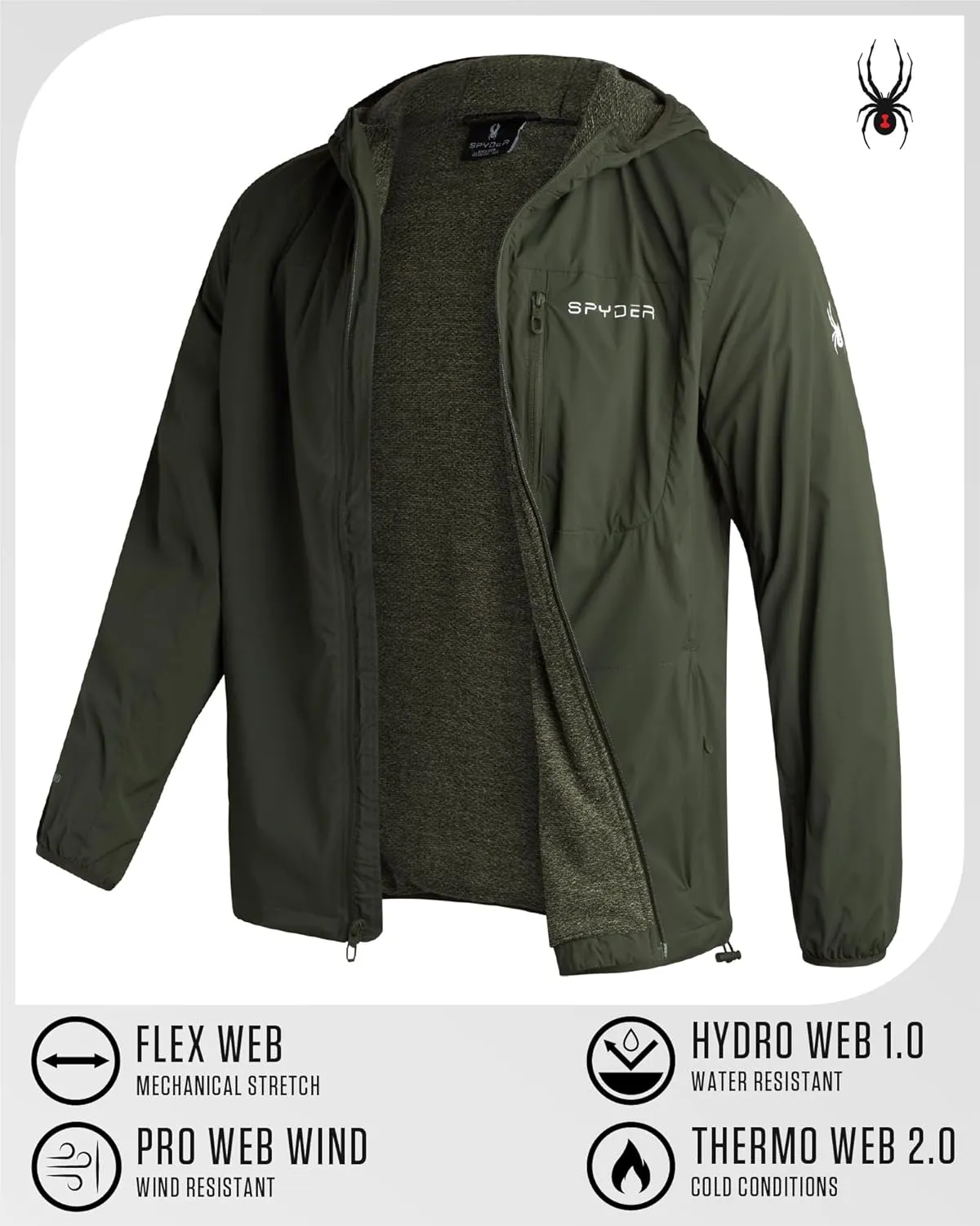 Spyder Mens Windbreaker Jacket - Lightweight Wind & Water Resistant Rain Coat for Men, Hooded Rain Jacket Men for Travel Golf