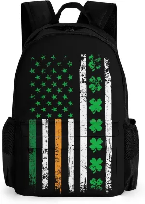St Patricks Day Shamrock Clover Irish American Flag Rucksacks Lightweight Multipurpose Anti-Theft Shoulder Bag Big Capacity Traveling & Camping Backpack With Side Pockets