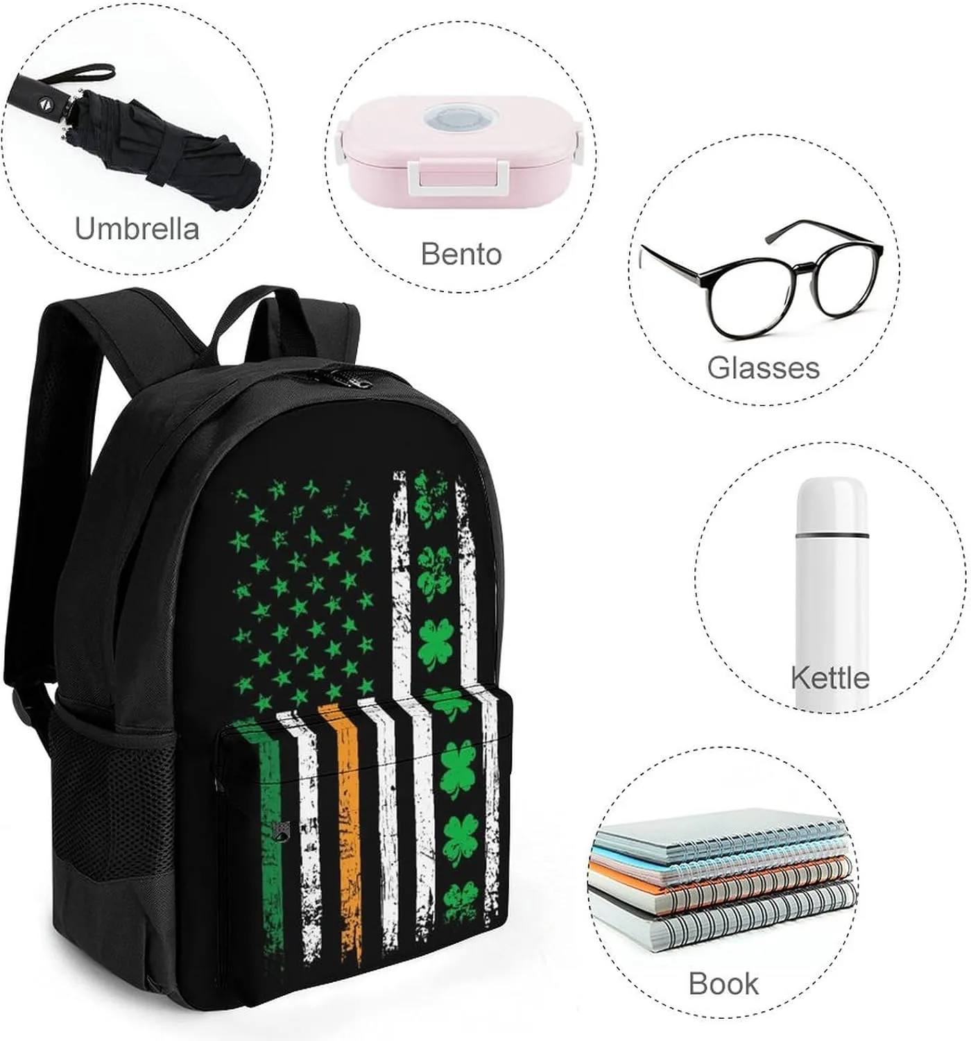 St Patricks Day Shamrock Clover Irish American Flag Rucksacks Lightweight Multipurpose Anti-Theft Shoulder Bag Big Capacity Traveling & Camping Backpack With Side Pockets
