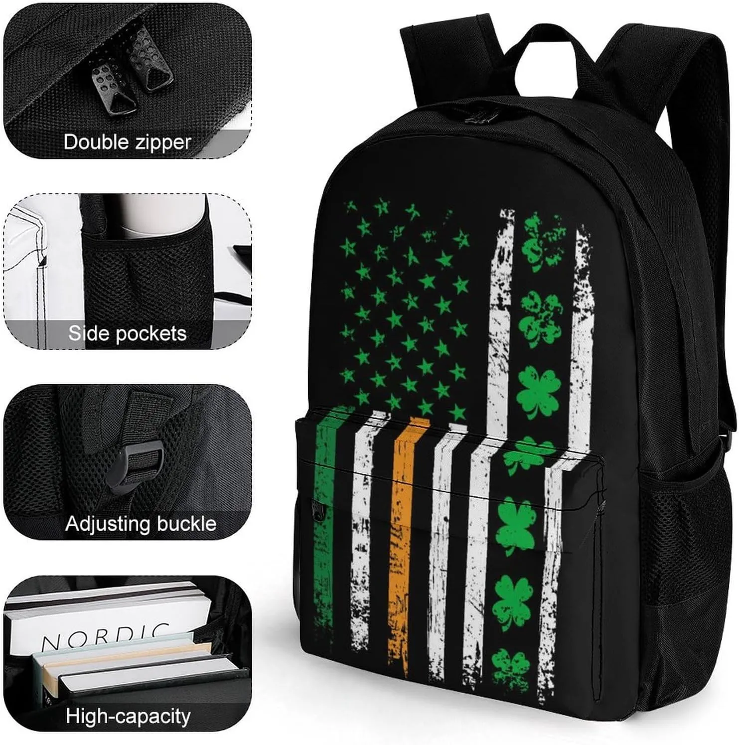 St Patricks Day Shamrock Clover Irish American Flag Rucksacks Lightweight Multipurpose Anti-Theft Shoulder Bag Big Capacity Traveling & Camping Backpack With Side Pockets