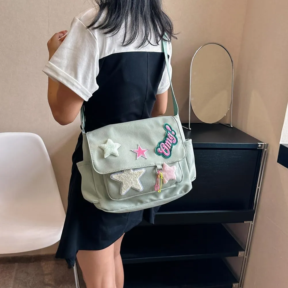 Star Y2k Messenger Bag Cute Canvas Crossbody Bag Kawaii Satchel Bag For Women Aesthetic Multipocket Shoulder Bag