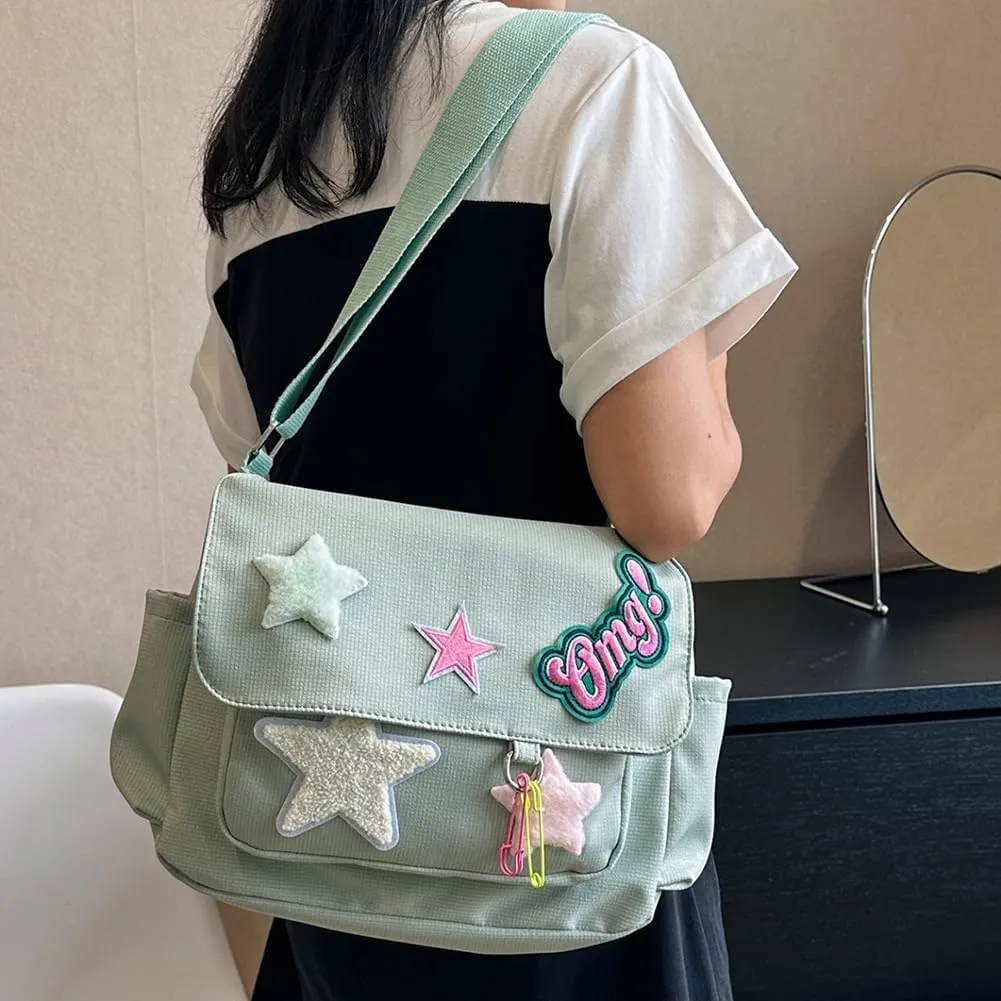 Star Y2k Messenger Bag Cute Canvas Crossbody Bag Kawaii Satchel Bag For Women Aesthetic Multipocket Shoulder Bag