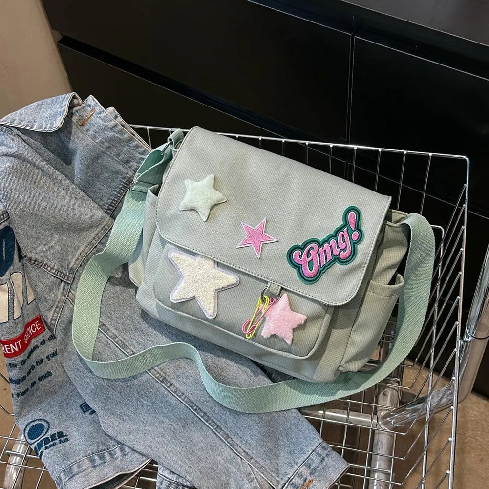 Star Y2k Messenger Bag Cute Canvas Crossbody Bag Kawaii Satchel Bag For Women Aesthetic Multipocket Shoulder Bag