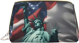 Statue of Liberty Flag Print Leather zipper makeup bag Cosmetic Pouch Travel Organizer Toiletry Clutch