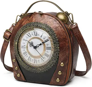 SteamPunk Handbags Women Real Working Clock Antique Shoulder Bag Pu Leather Retro Vintage Evening Cross Body Messenger Bag