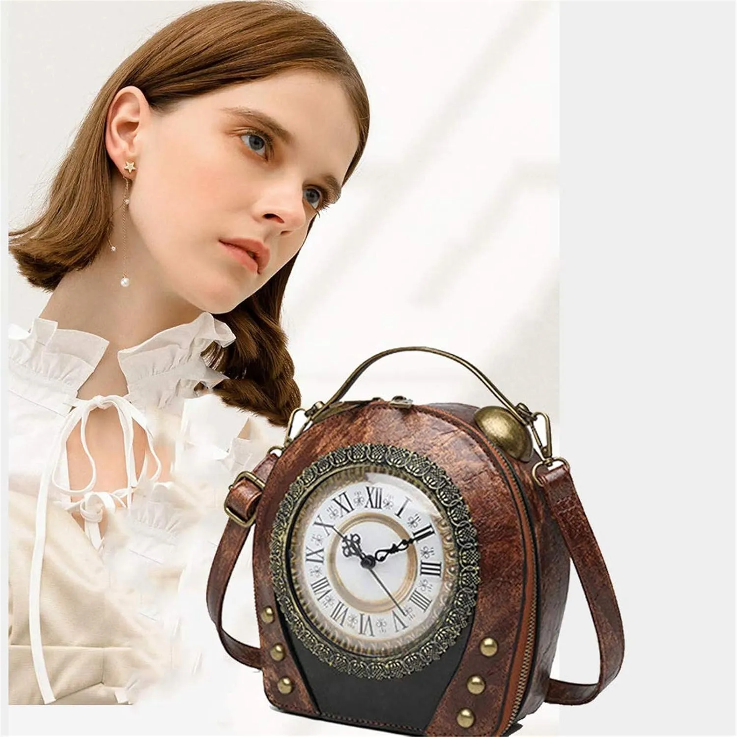 SteamPunk Handbags Women Real Working Clock Antique Shoulder Bag Pu Leather Retro Vintage Evening Cross Body Messenger Bag