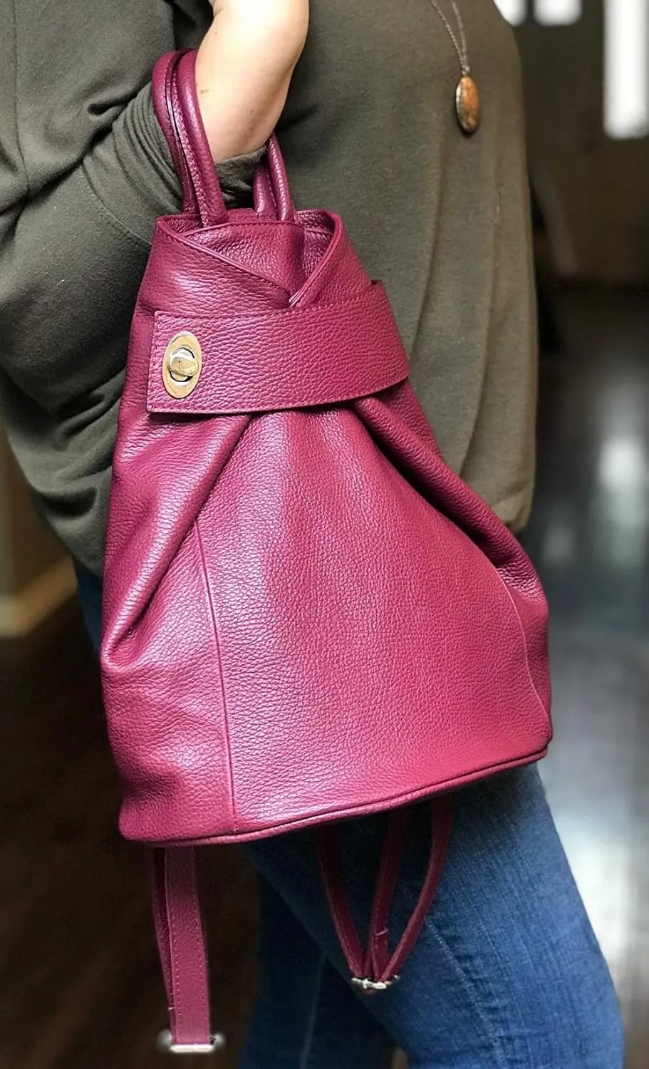 Stella Convertible Leather Backpack Purse – Casual Travel Tote Bag Burgundy Wine