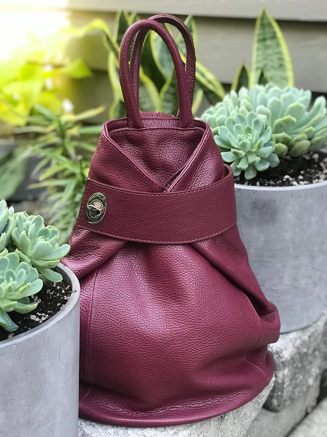 Stella Convertible Leather Backpack Purse – Casual Travel Tote Bag Burgundy Wine