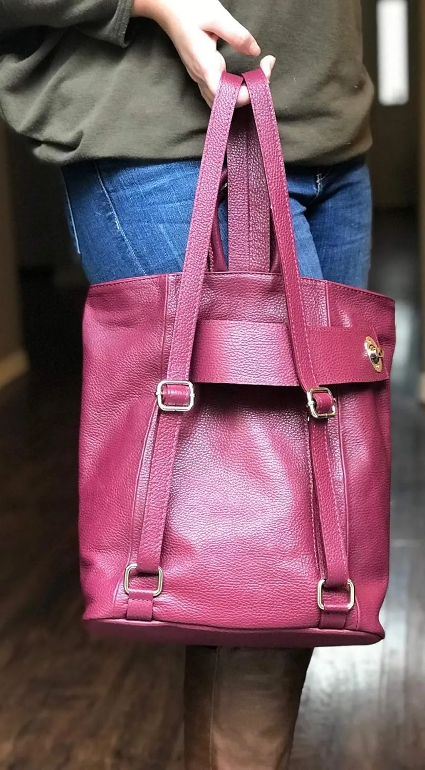 Stella Convertible Leather Backpack Purse – Casual Travel Tote Bag Burgundy Wine
