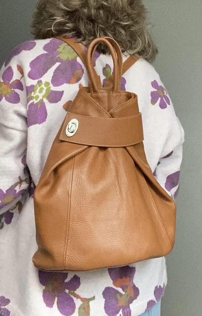 Stella Convertible Leather Backpack Purse – Casual Travel Tote Bag Cognac Tan