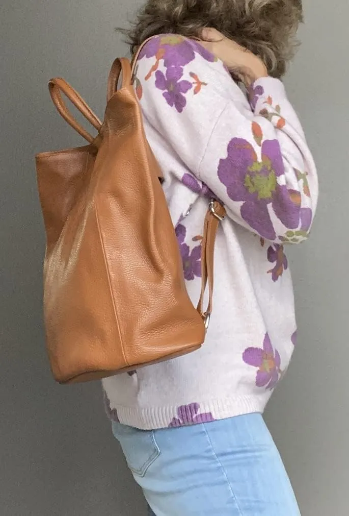 Stella Convertible Leather Backpack Purse – Casual Travel Tote Bag Cognac Tan