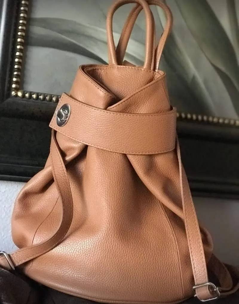 Stella Convertible Leather Backpack Purse – Casual Travel Tote Bag Cognac Tan